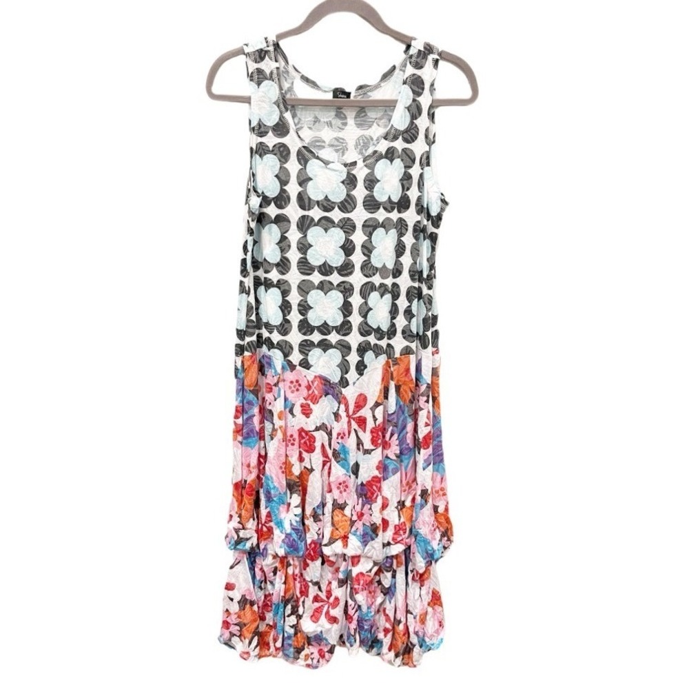 Shana Bubble Hem Crinkle Fabric Pop Art Floral Lagenlook Midi Dress Size Medium